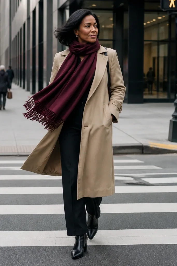 Camel trench over black trousers with burgundy scarf and black boots