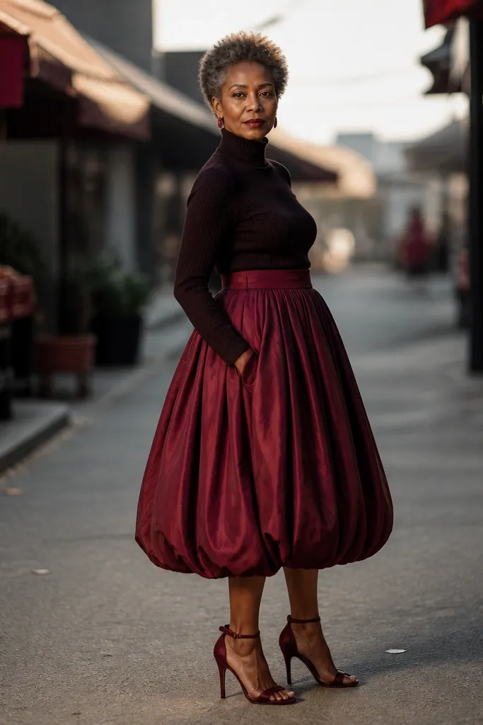 Oxblood red bubble skirt with a fitted black-red turtleneck and ankle boots