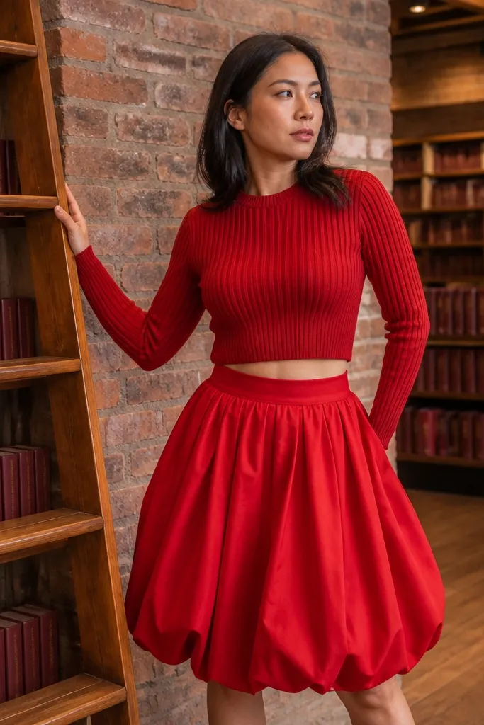 Tomato red bubble skirt with a cropped ribbed sweater and white sneakers