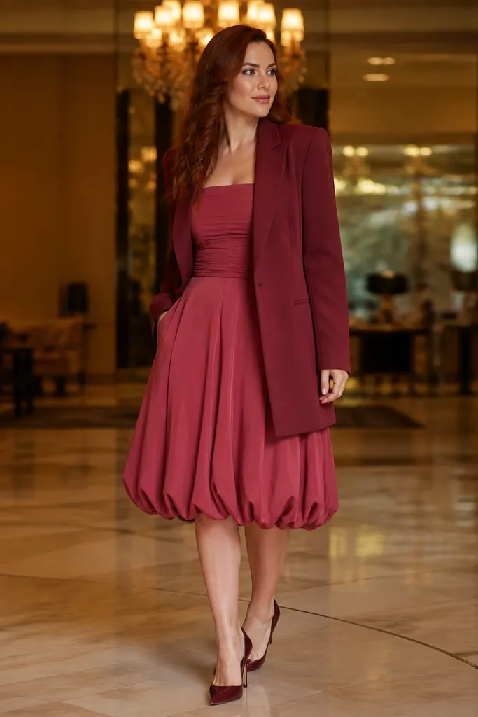 Rose red bubble skirt with a longline red blazer and pointed flats