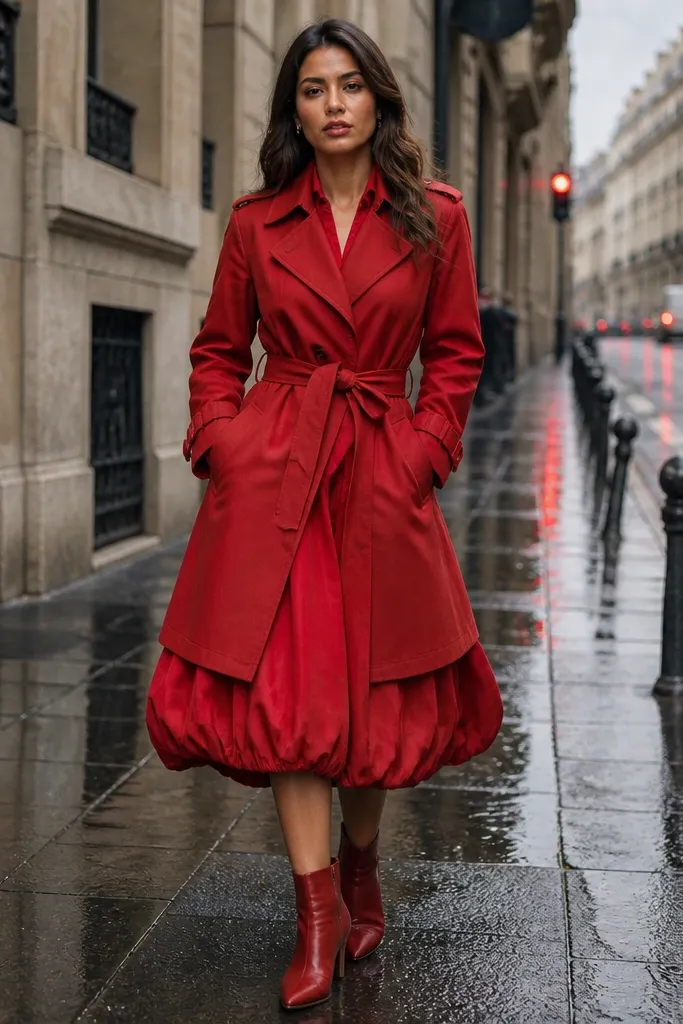 Red bubble skirt with a monochrome red trench coat and sleek ankle boots