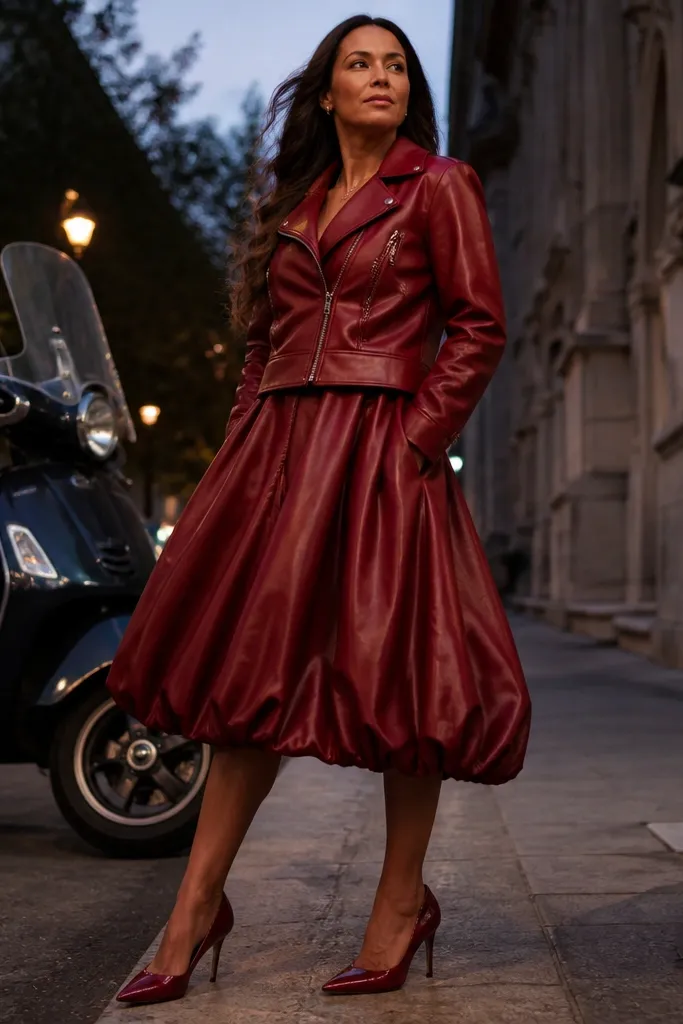 Crimson red bubble skirt with a cropped red leather moto jacket and black boots