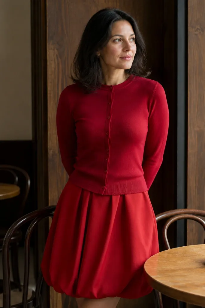 Cherry red bubble skirt with a tonal red cardigan and ballet flats