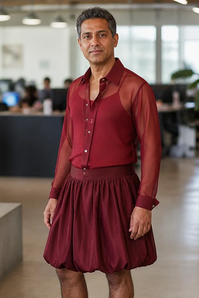 Oxblood red bubble skirt with a sheer red button-up over a camisole