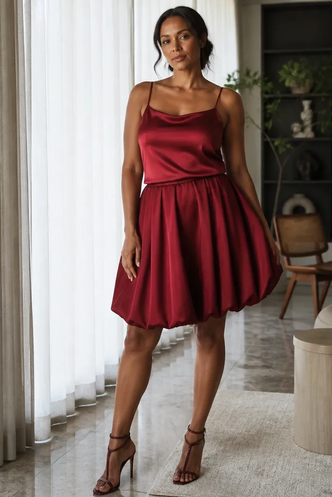 Crimson red bubble skirt with a satin slip top and strappy heels