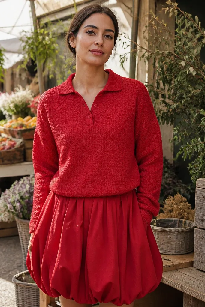 Red bubble skirt with a matching knit polo shirt and white-red sneakers