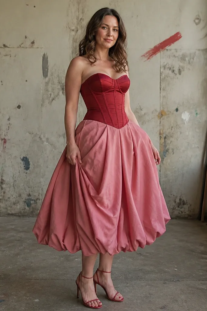 Rose red bubble skirt with a corset-style red bodice and pointed heels