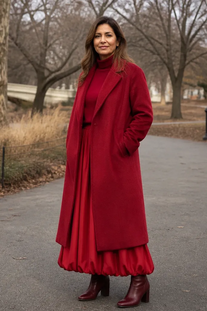 Monochrome red maxi coat over a red bubble skirt with ankle boots