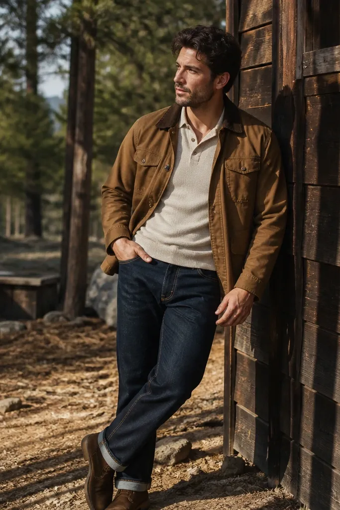Off-white knit polo with navy jeans and a cognac chore jacket, brown boots