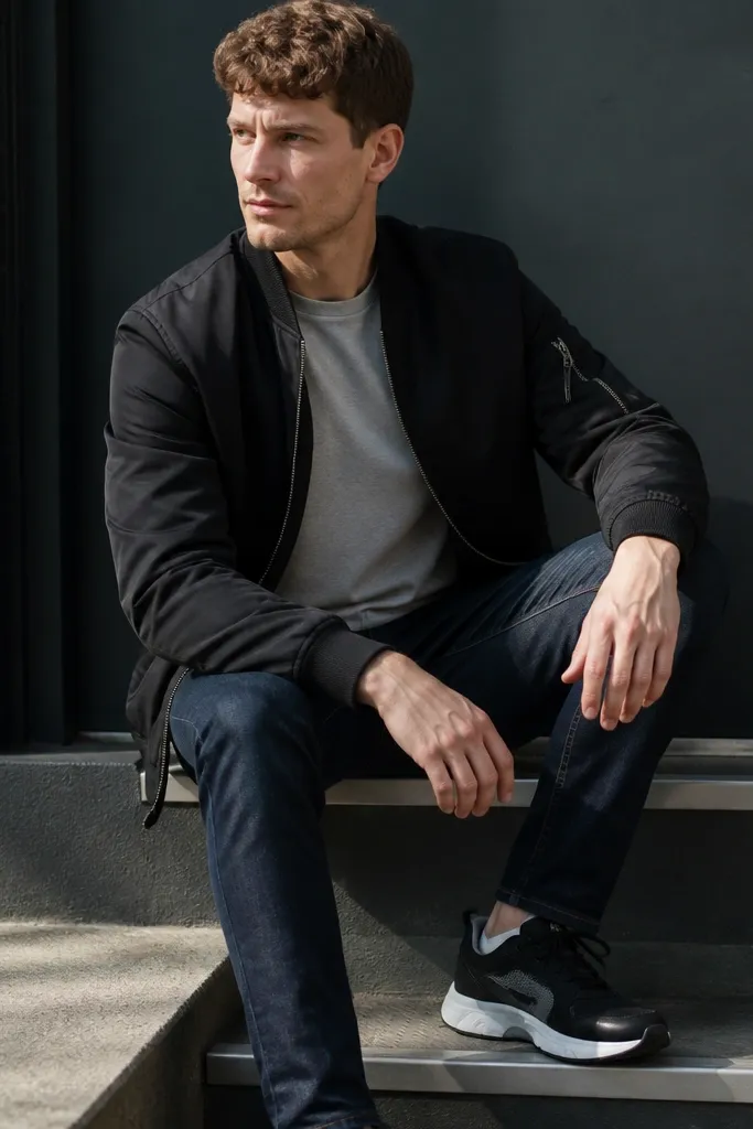 Black bomber jacket with heather gray tee and navy jeans, black-and-gray sneakers