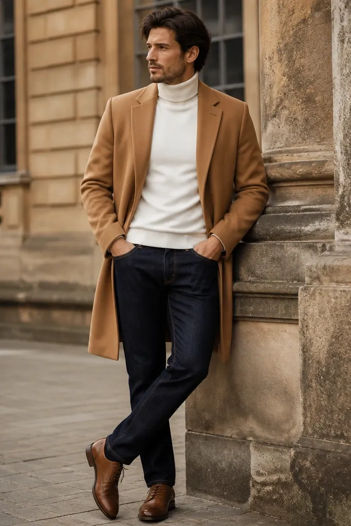 Camel overcoat over a white turtleneck with navy jeans and brown leather shoes