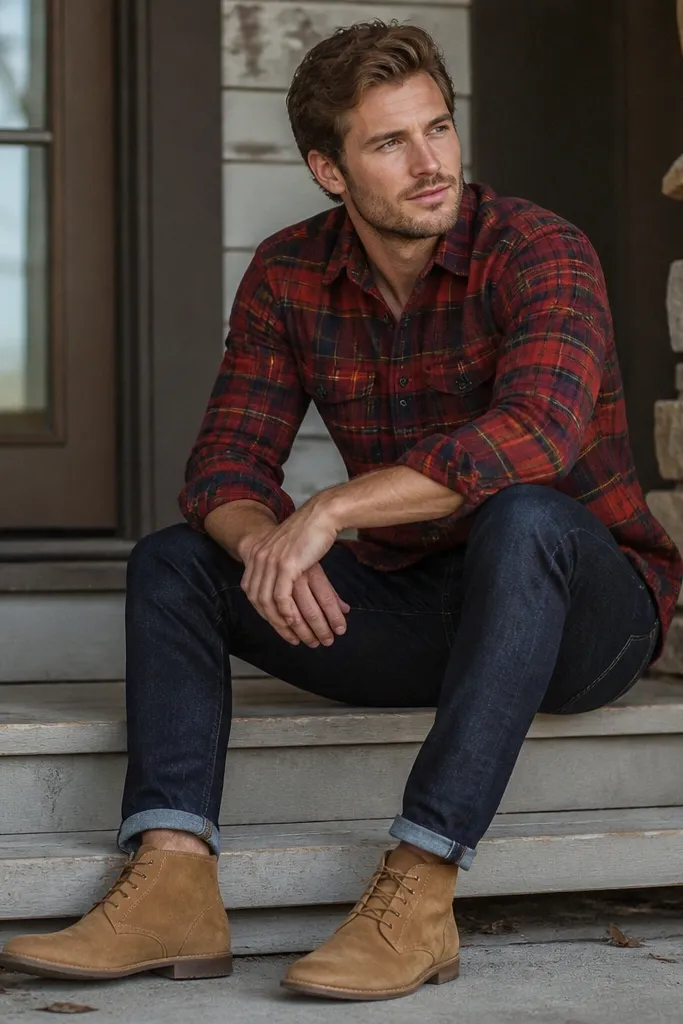 Red plaid flannel with navy jeans and tan suede desert boots