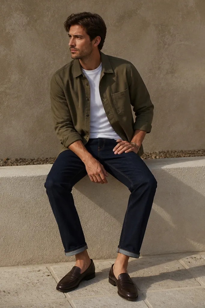 Olive overshirt over a white tee with navy jeans and dark brown loafers
