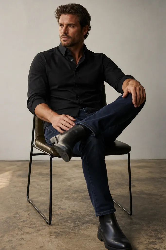 Black Oxford shirt with navy jeans and black Chelsea boots
