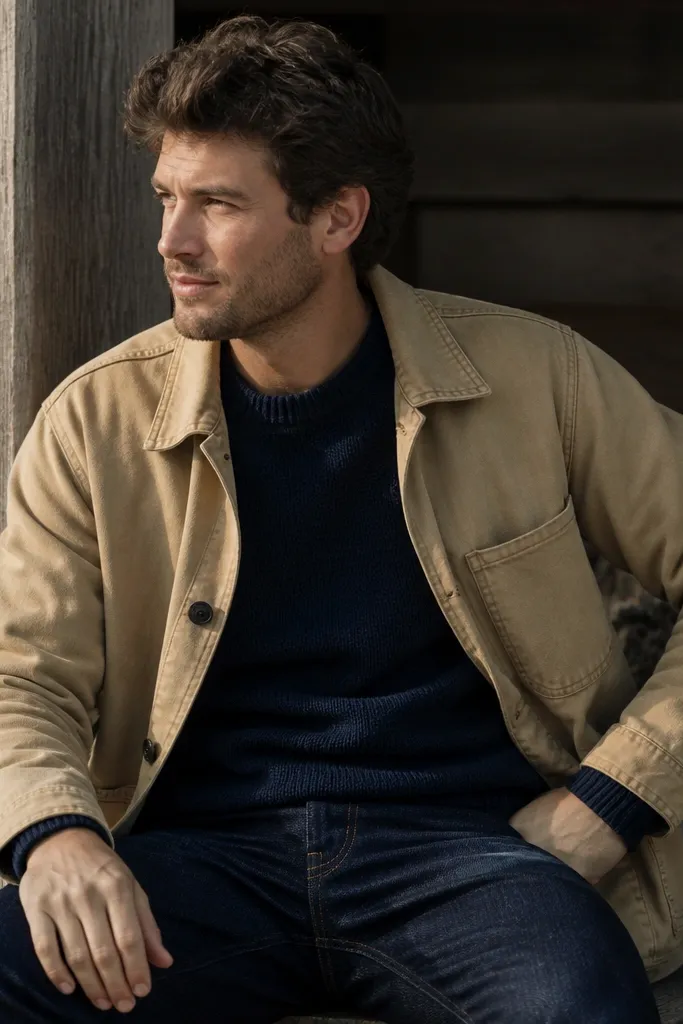 Navy crewneck sweater layered under a light tan chore jacket with navy jeans