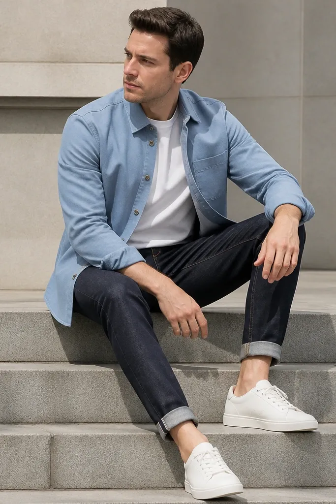 Sky blue shirt jacket over a white tee with navy jeans and white sneakers