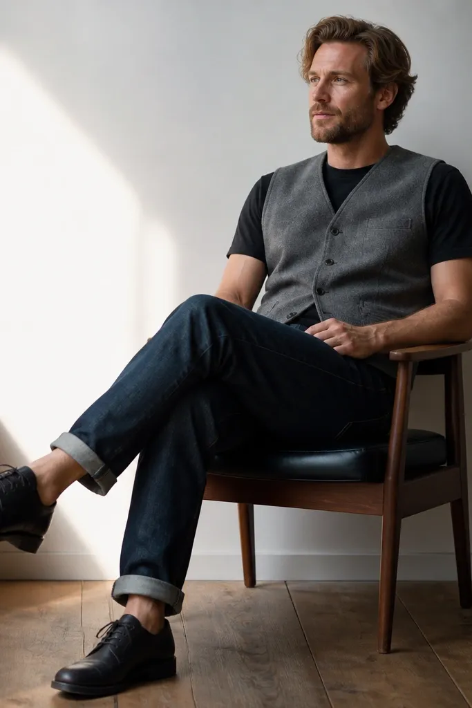 Gray wool vest over a black tee with navy jeans and dark leather shoes