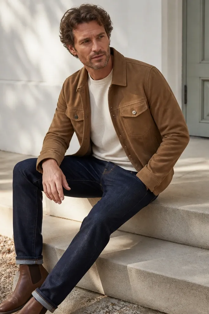 Tan suede jacket over a cream sweater tee with navy jeans and brown boots