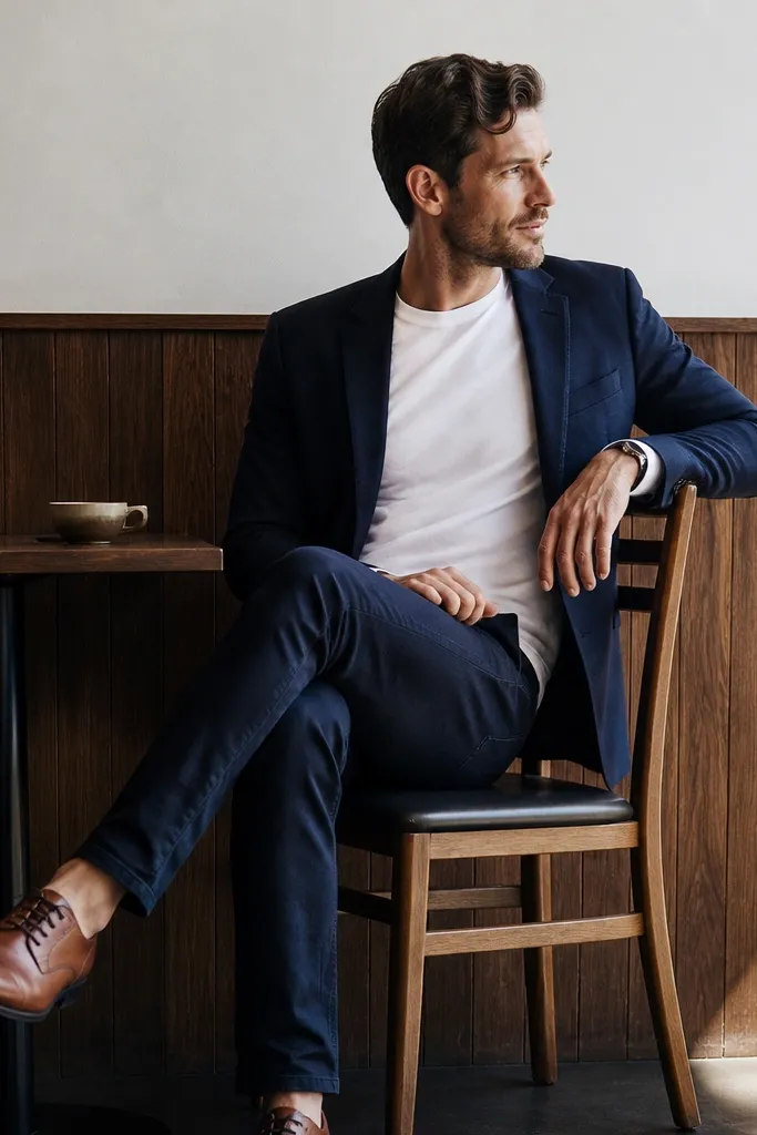 White T-shirt with navy jeans and a navy blazer, brown oxford shoes