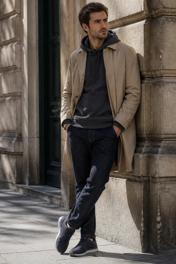 Charcoal hoodie under a beige trench coat with navy jeans and dark sneakers