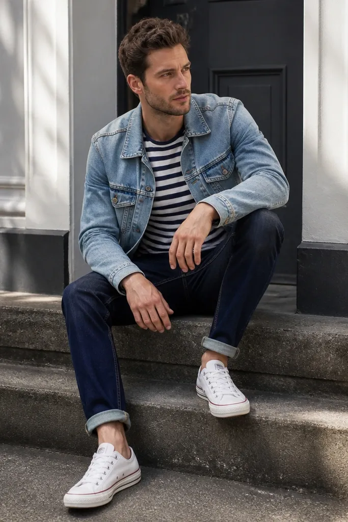 Striped tee with light denim jacket and navy jeans, white canvas shoes