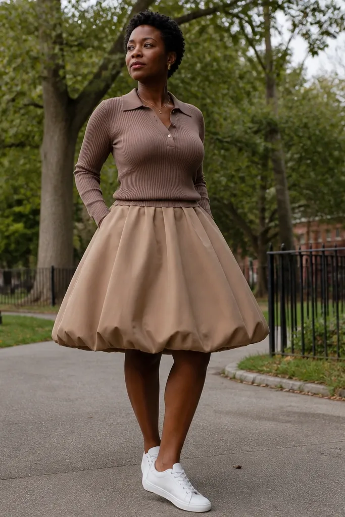 Taupe bubble skirt with a mocha knit polo and clean white sneakers