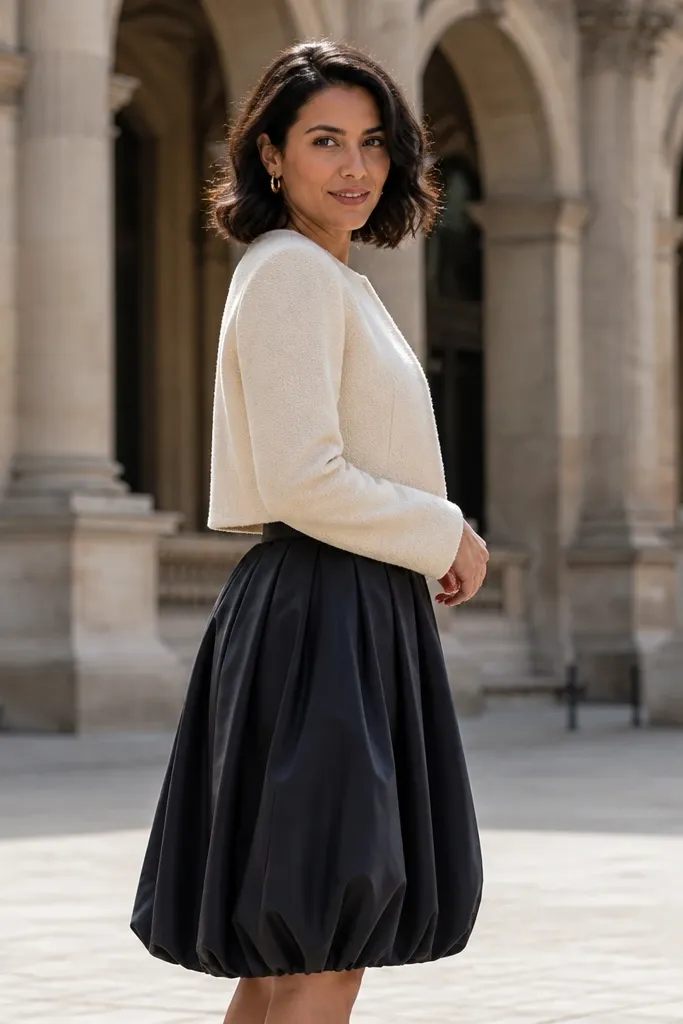 Black bubble skirt with a cream cropped jacket and gold hoop earrings