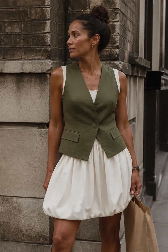 Cream bubble skirt with an olive fitted vest over a white tank