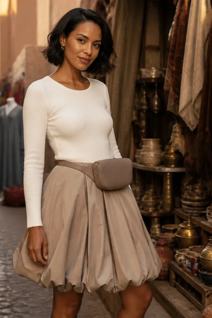 Taupe bubble skirt with a white fitted long-sleeve knit and a belt bag