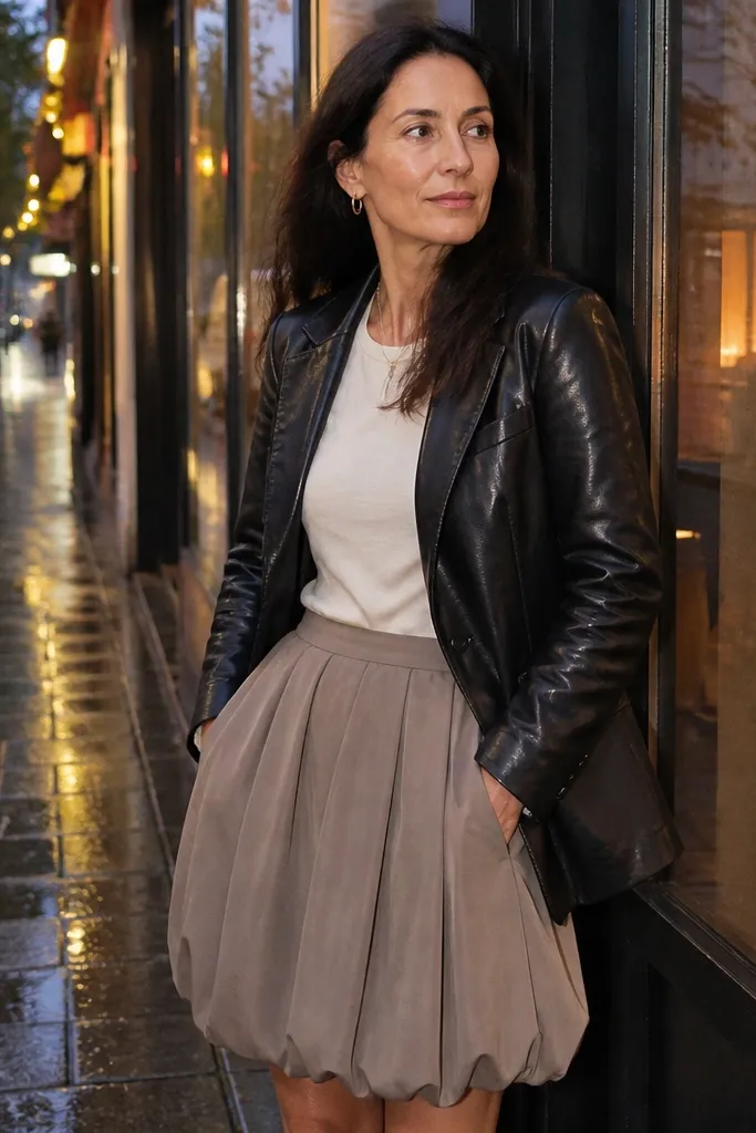 Stone bubble skirt with a black leather jacket and a cream fitted tee