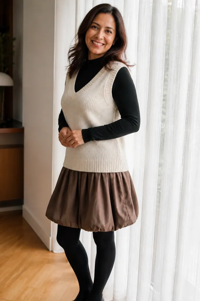 Mocha bubble skirt with a cream sweater vest over black leggings