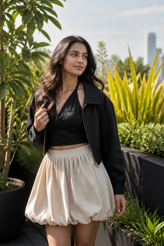 Oat bubble skirt with a black halter top and a cropped jacket