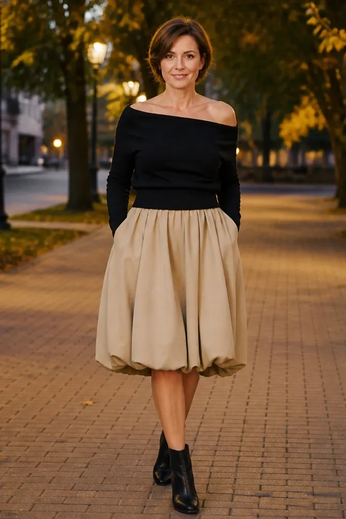 Sand bubble skirt with a black off-shoulder sweater and ankle boots