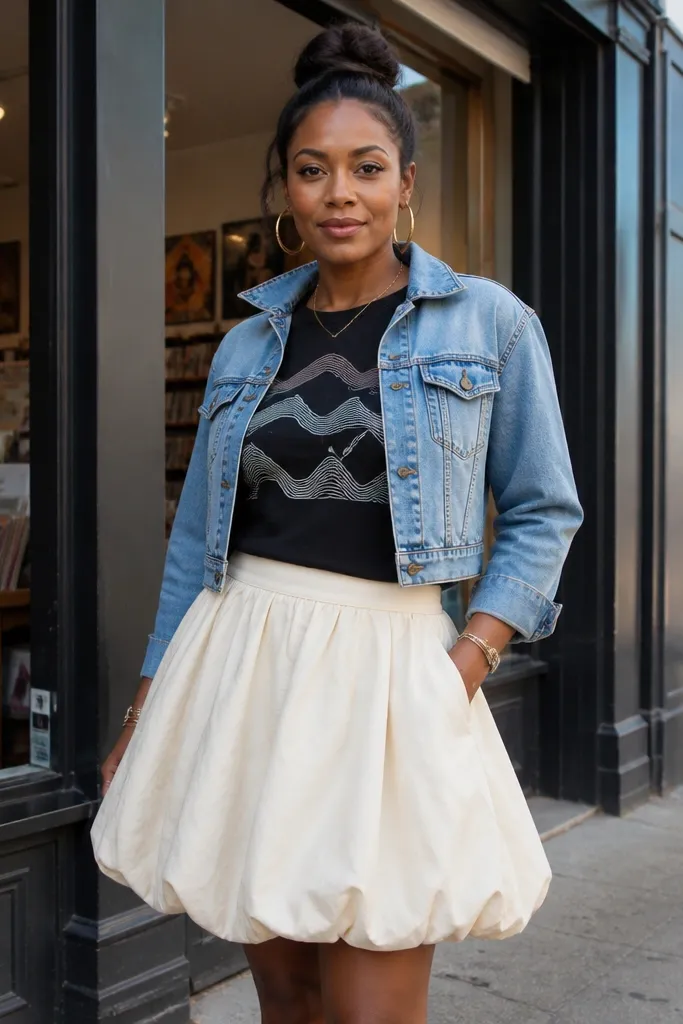 Cream bubble skirt with a black graphic tee and a cropped denim jacket