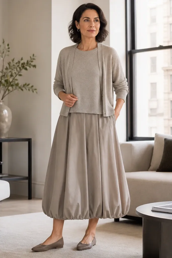 Greige bubble skirt with a matching knit top and flat shoes
