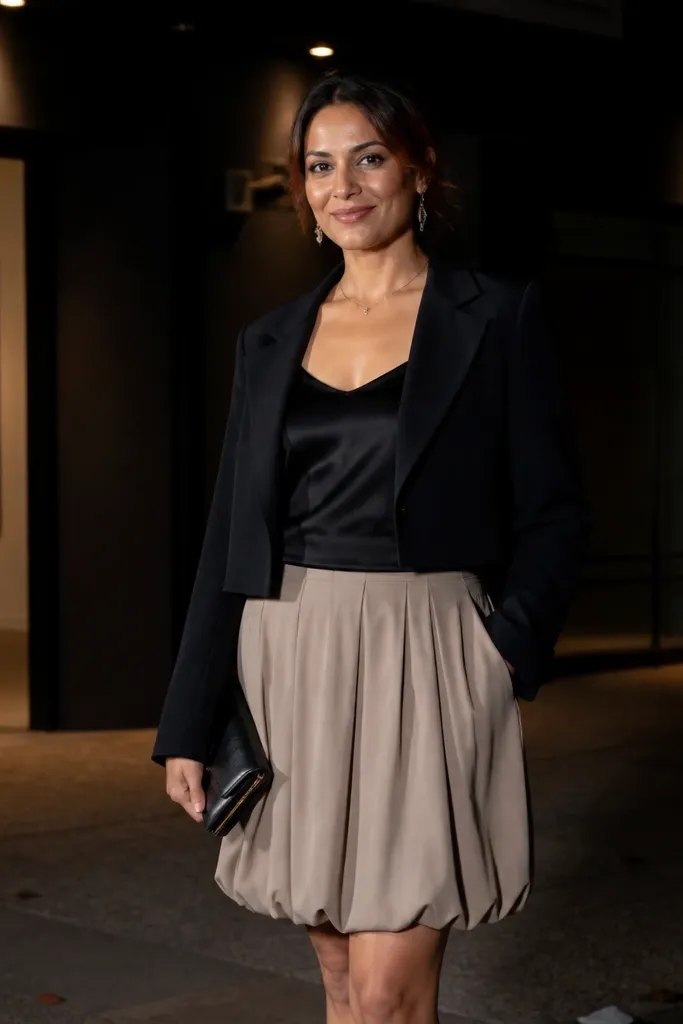 Stone bubble skirt with a black satin camisole and a cropped blazer
