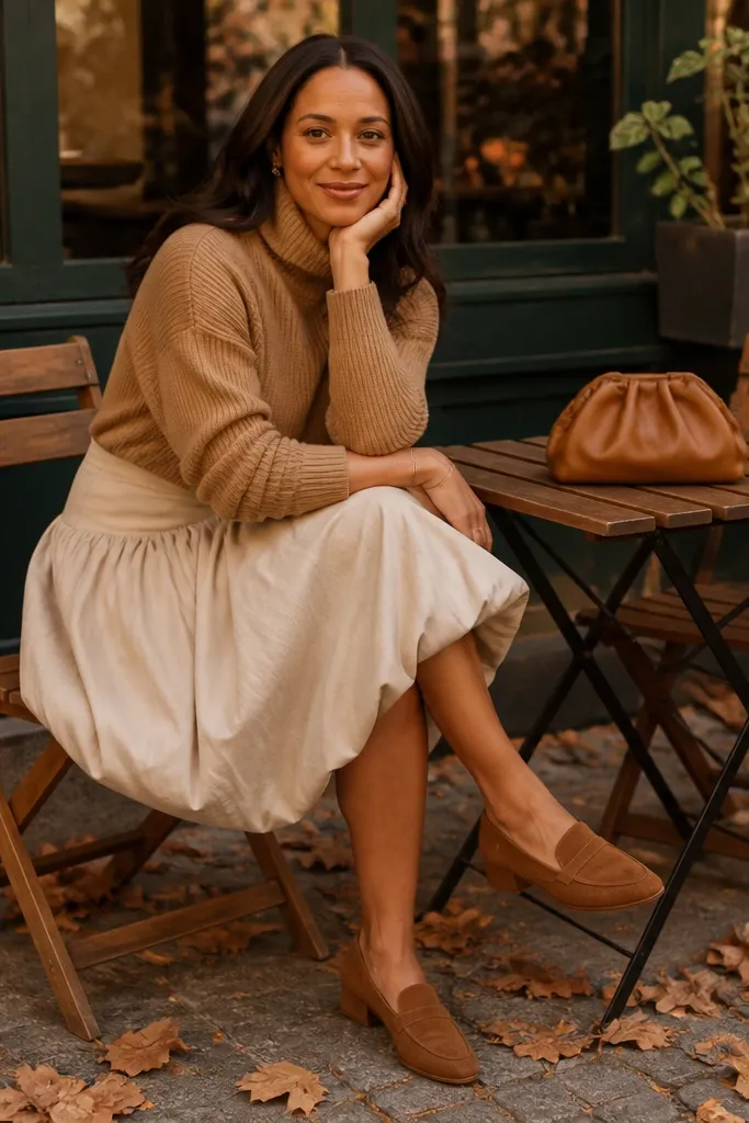 Oat bubble skirt with a camel turtleneck and suede loafers