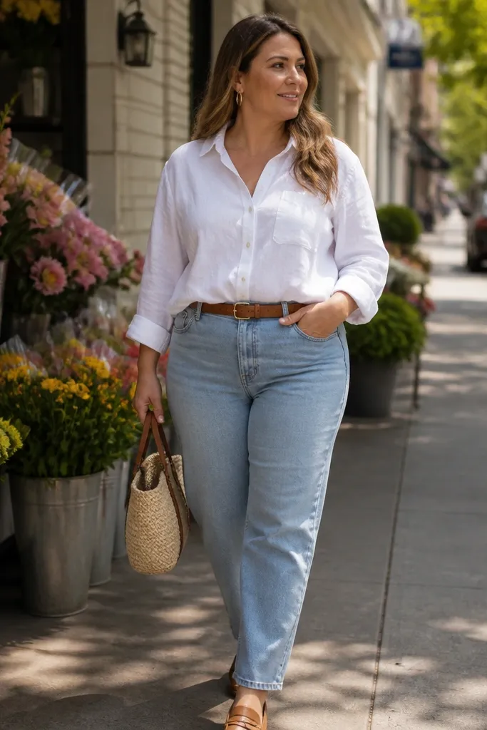 White linen shirt with light straight jeans and tan loafers