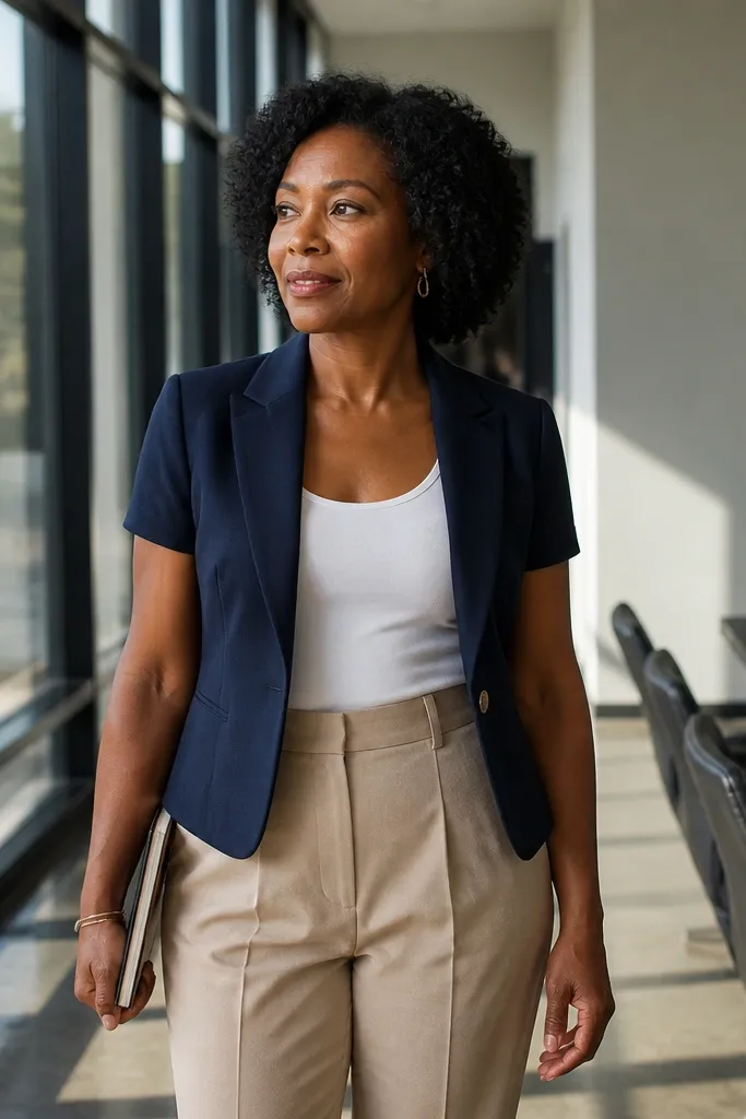 Navy short-sleeve blazer over a white tank with beige high-waist trousers