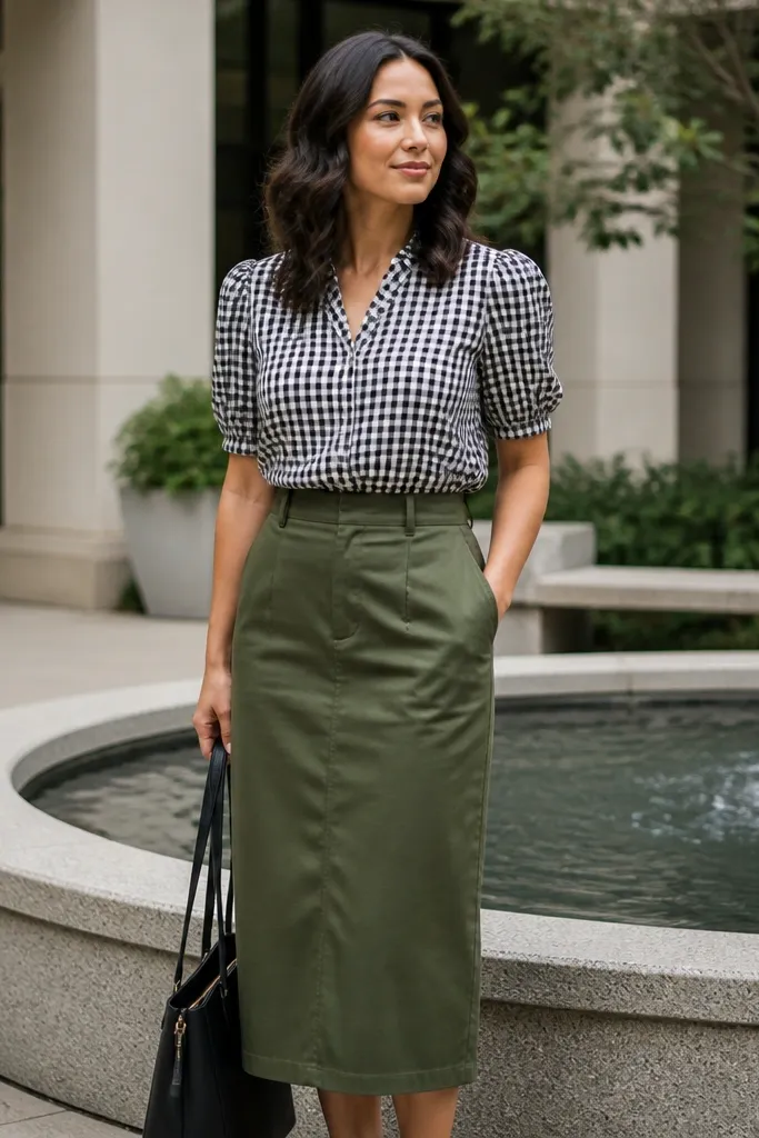 Gingham puff-sleeve blouse with an olive straight skirt and simple flats
