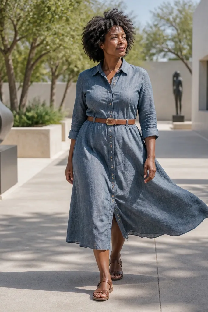 Chambray button-front dress with a tan belt and brown sandals