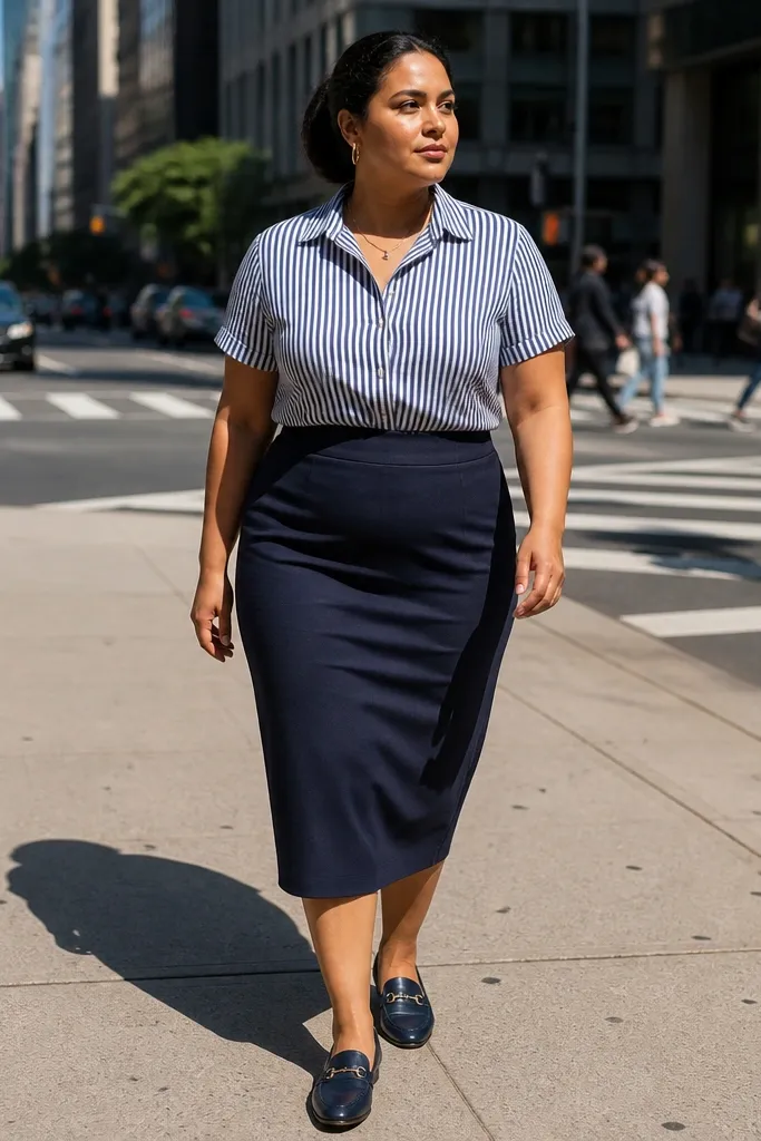 Striped short-sleeve shirt with a navy pencil midi skirt and loafers