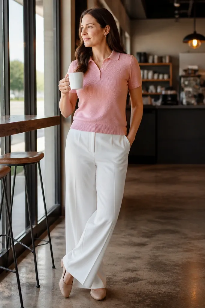 Light pink knit polo with white wide-leg trousers and nude flats