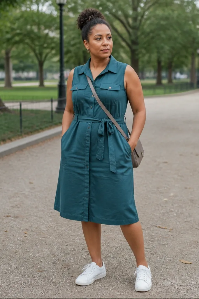 Teal sleeveless utility dress with white sneakers and a crossbody bag