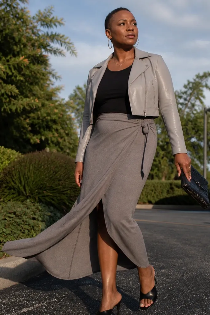 Grey wrap skirt with a black bodysuit and a cropped moto jacket