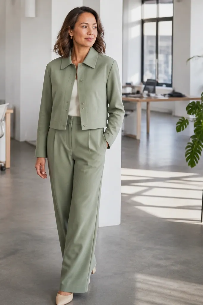 Sage cropped jacket and matching trousers with minimal accessories