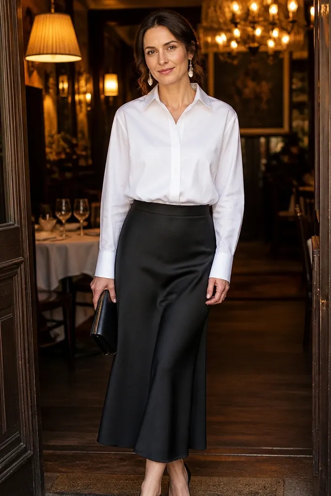 Black midi slip skirt with a white button shirt and statement earrings