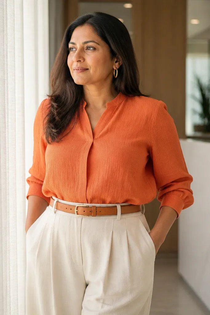 Orange textured blouse with cream wide-leg pants and a tan belt