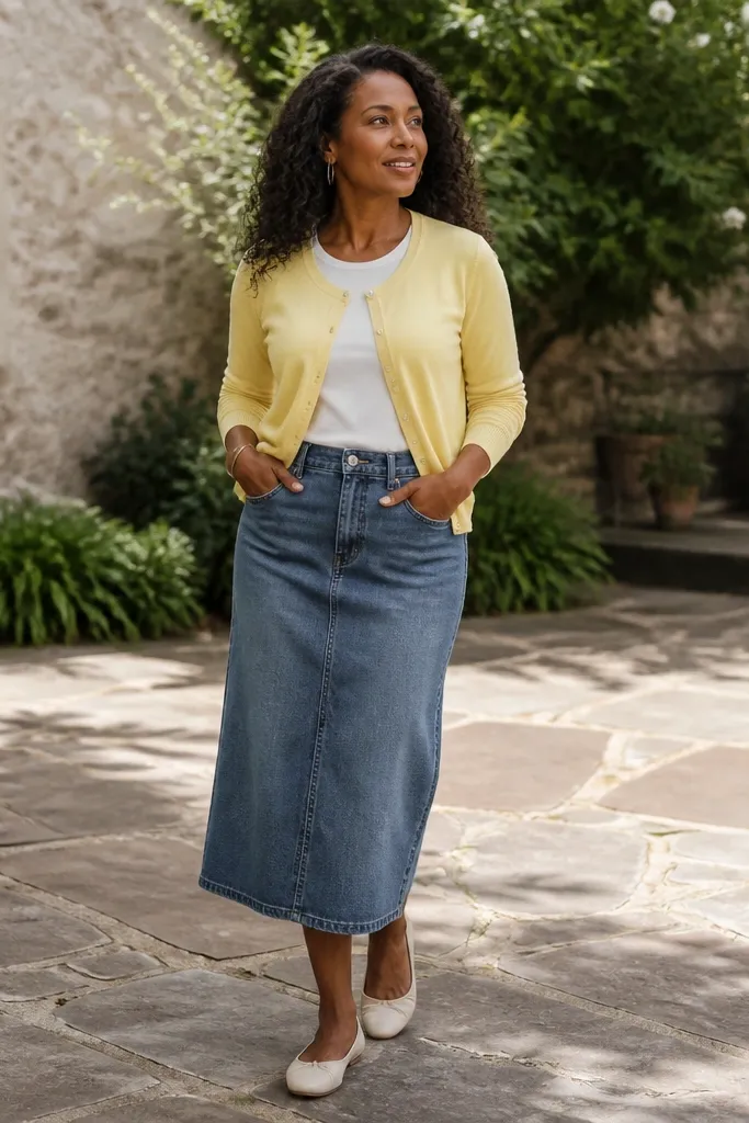 Chamomile-yellow cardigan over a white tee with a denim midi skirt
