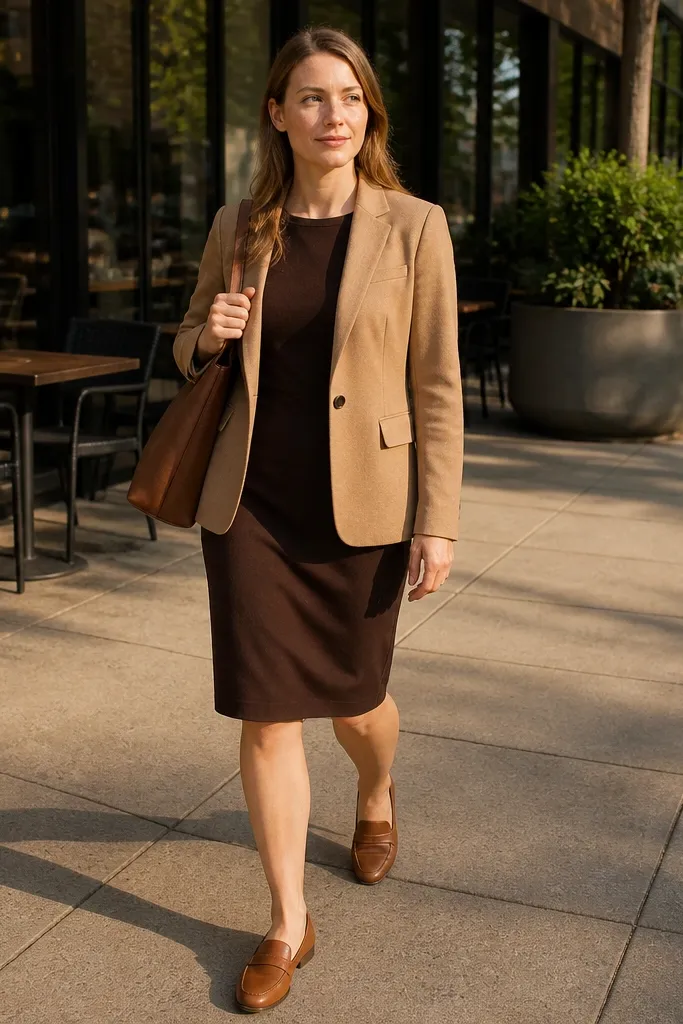 Chocolate brown sheath dress with camel blazer and cognac loafers
